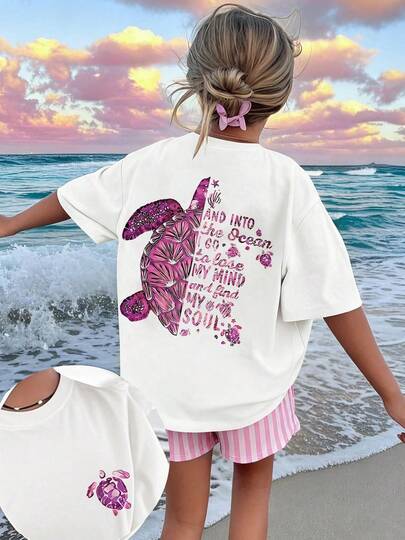 1pc Tween Girls' Tropical Sea Turtle Print Summer Short Sleeve T-Shirt, Student Young Casual Wear, Suitable For Beach Trip