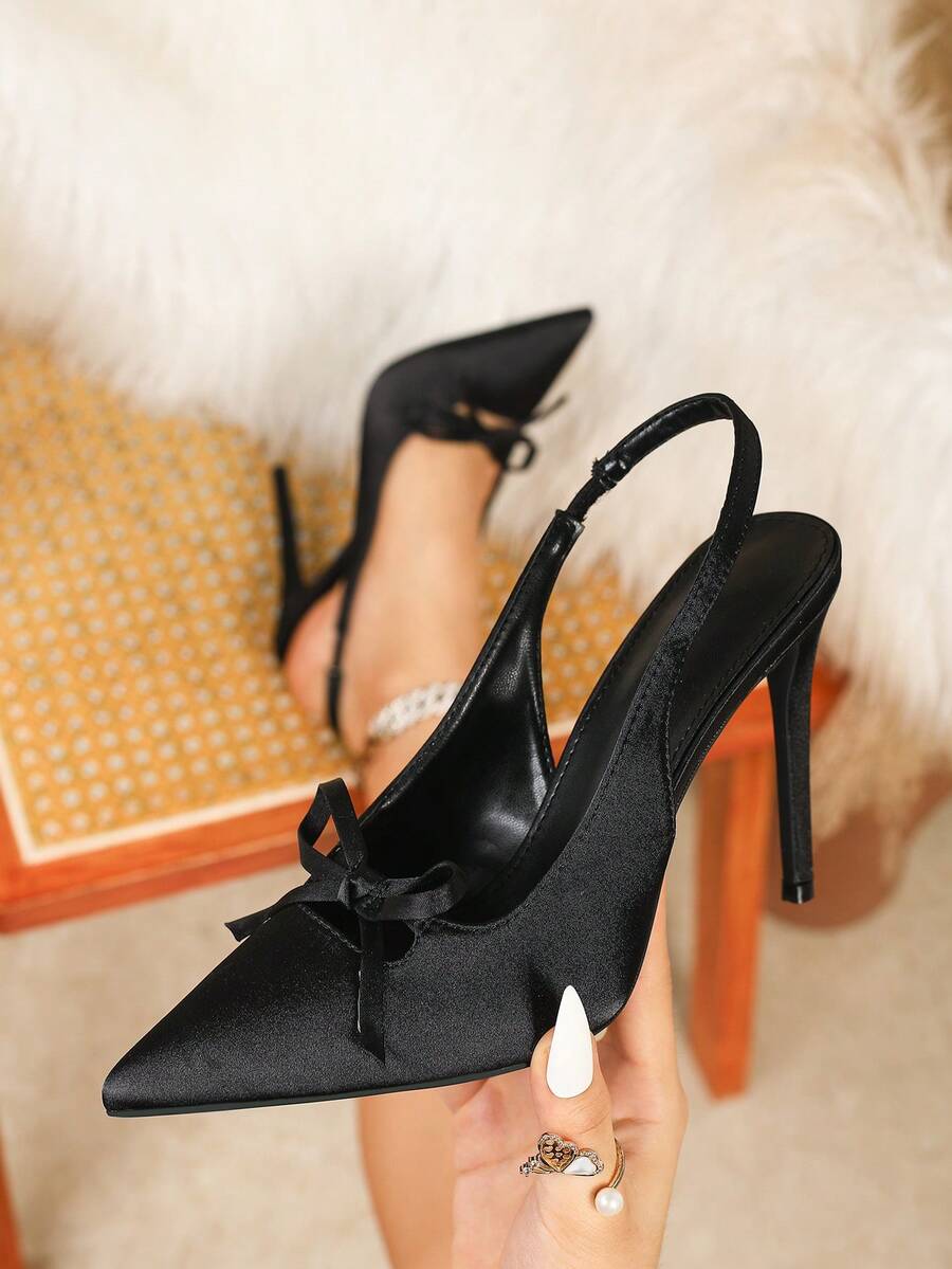 性感时尚优雅蝴蝶结后跟系带露趾尖头细高跟休闲百搭通勤黑色高跟女鞋 - 黑色 - 查看 1
