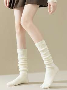 3 Pairs Women's Solid Color Socks, Casual & Versatile, Thick & Warm For Autumn/Winter, Over The Calf School Style, Cozy Socks - Multicolor - View 7