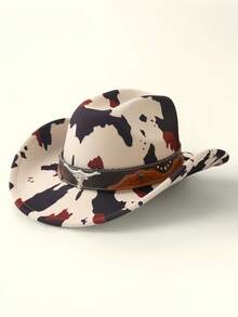 1pc Unisex Bull Head Decor Cow Print Western Cowboy Hat - For Travel Leisure, Daily Wear, Bar & Western Theme Parties - Multicolor - View 10