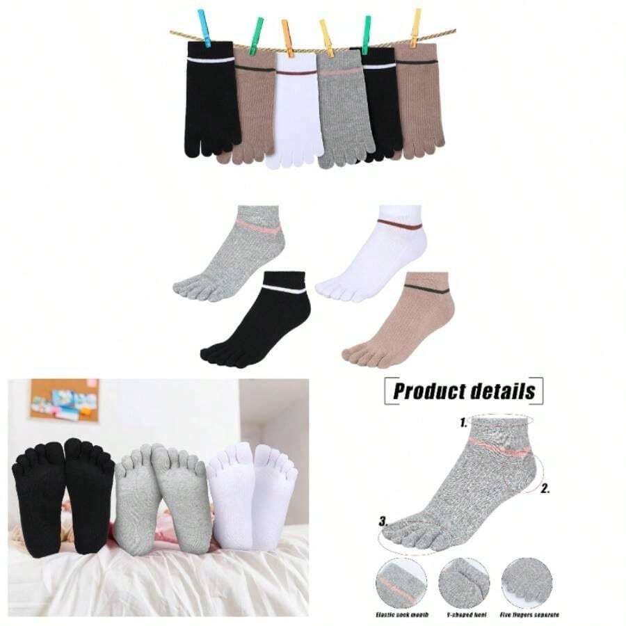 4 Pair Women Toe Socks Striped Cotton Crew Socks With Toes Separated Women Men Athletic Running - Black, White, Grey, Khaki - View 1