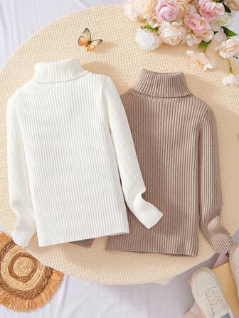 2pcs/Set Tween Girl Turtleneck Ribbed Knit Sweater, High Elasticity, Suitable For 3-12 Years Old Boys And Girls, Casual Basic Pullover For Spring, Autumn And Winter