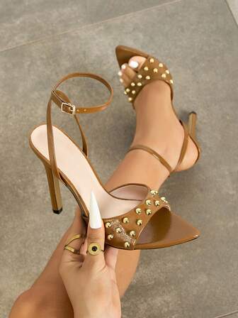 Women's High Heel Shoes, Fashionable And Elegant For Parties, Outdoor Events, Banquets. Featuring Pointed Toe, Studded One-Strap Design, Soft Glossy Leather Material, Adjustable Ankle Strap. Suitable For Formal Dresses, Gowns, And Cocktail Attire.