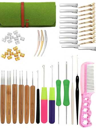58 piezas Juego de ganchos de croché de varios tamaños y tipos para trenzar y tejer, 20 piezas Ganchos de extensiones de rastas de acero inoxidable, Herramientas de peinado, Kit de herramientas de peinado
