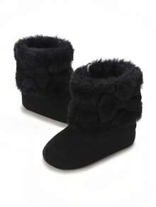 女婴纯色蝴蝶结雪地靴，新生儿软底舒适学步靴，冬季