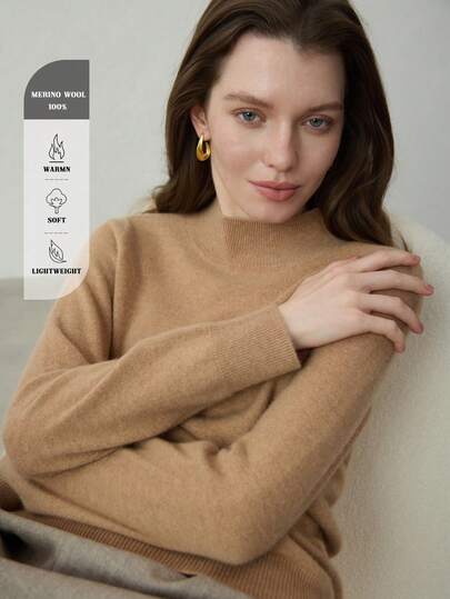 100% Merino Wool Solid Color Turtleneck Sweater, Women's Warm Pullover Top, Basic Winter Outfit, Suitable For Christmas, Thanksgiving, New Year