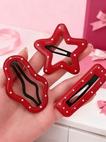 6个红色波点皮革星星云朵造型发夹，侧刘海发夹，发饰