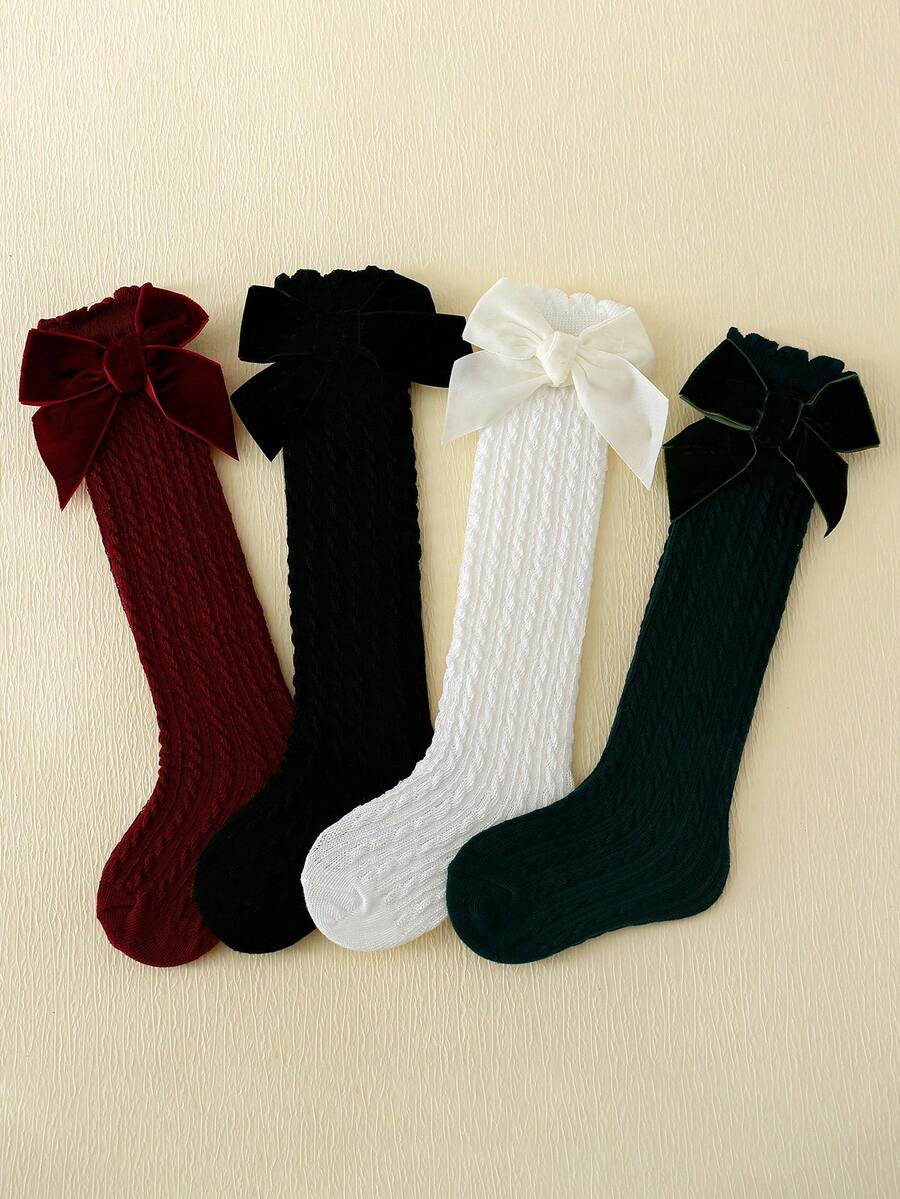 4 đôi tất đế bằng không lộ nơ màu trơn cho bé gái, thích hợp để mặc hàng ngày - Nhiều màu - Xem 1
