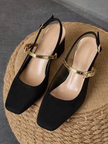 WHDXY Giày cao gót đi làm cho nữ, mũi vuông, gót vừa, hở lưng, khóa Mary Jane kim loại, họa tiết vải, công sở - Than chì đen - Xem 3