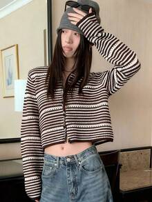 女款秋冬韓式休閒黑白條紋拼接鏤空針織開襟衫，時尚設計，寬鬆休閒，秋季 - 棕色 - 查看 3