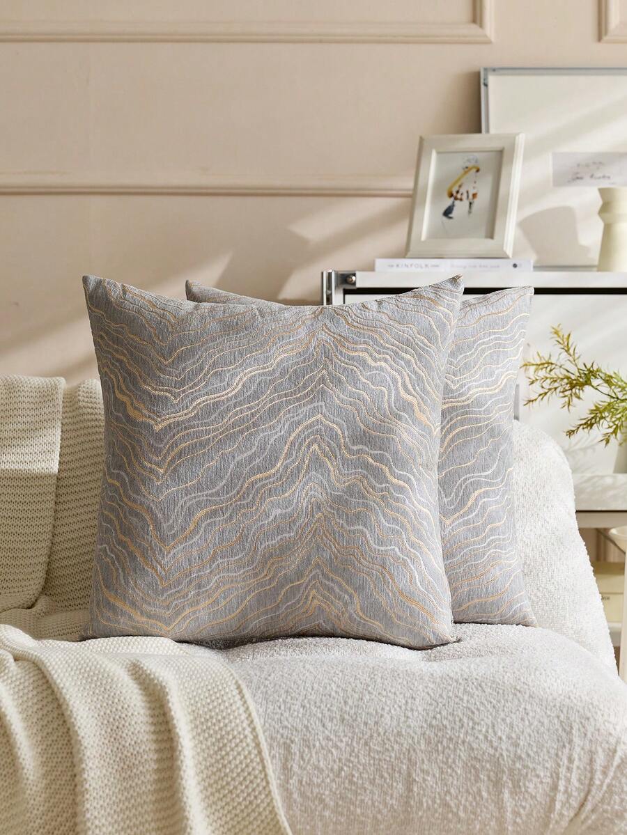 18 X 18 Inch Square Navy Blue Silver Gold Abstract Striped Embroidery Cushion Case Luxury Modern Throw Pillow Cover Decorative Pillow For Couch Living Room Bedroom Car(1Pc,2Pcs Available)