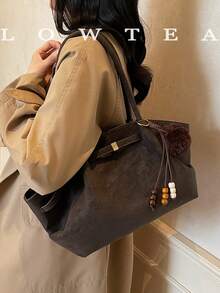 1个纯色PU皮革单肩包，复古时尚大容量手提包，带肩带装饰，磁扣闭合，双提手设计，适合旅行、购物、约会、送给女性的礼物，适合青少年、女大学生和上班族女性，非常适合办公室、学校、工作、商务、通勤、户外、旅行、野餐等场合。 - 咖啡 - 查看 7