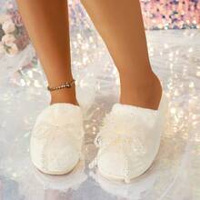 Papuci de pluș cu funde de perle pentru femei, toamnă/iarnă, stil francez de mireasă, calde, sandale dulci cu blană pentru domnișoare de onoare - alb - Vizualizare 1
