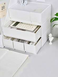 1pc Desktop Stationery & Cosmetic Storage Box, White Plastic Drawer Organizer, Modular Stackable Makeup Jewelry Box, Stationery Organizer - White - View 3