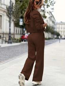 女士休闲优雅时尚纯色翻领纽扣外套及口袋长裤两件套，适合办公室、通勤、日常穿着，长袖春季套装 - 咖啡棕 - 查看 5