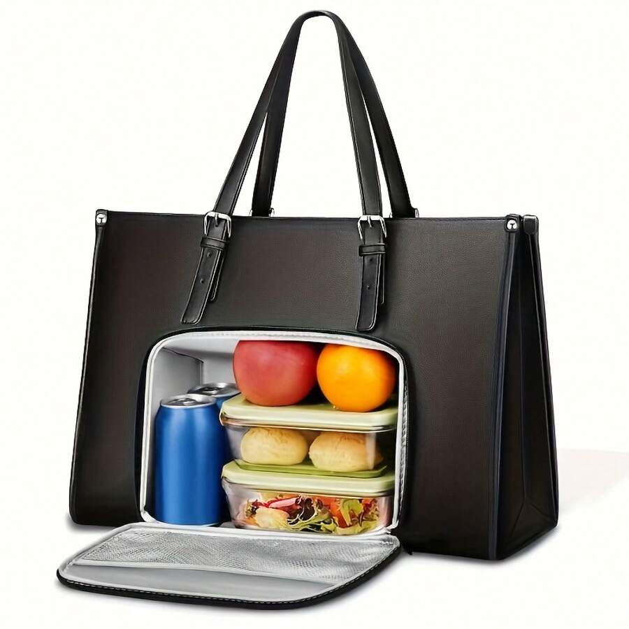 LOVEWE 1-Piece 15.6 Inch Women's Laptop Tote Bag - Insulated Lunch Compartment (Navy Blue) | Christmas Office Briefcase Gift - 黑色 - 查看 1