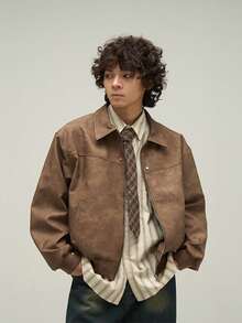 American Retro Short Jacket For Men, New Autumn 2025, High-End And Stylish, With A Cool And Edgy Look, Featuring A Stand-Up Collar And Shoulder Design. - 棕色 - 查看 2