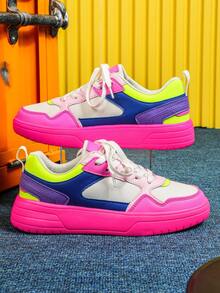 Women's Casual Athletic Shoes, Dopamine-Enhanced Colorful Low-Top Lace-Up Skate Shoes, EVA Soft Sole For Comfort And Durability, Suitable For Everyday Wear, Commuting, Travel, And As A Holiday Gift. - 粉紅藍玫紅 - 查看 3