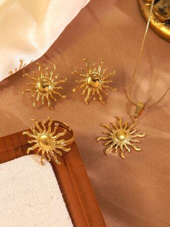 复古太阳图腾吊坠项链、耳环、戒指首饰套装，女士款 - 太阳图腾耳环、太阳戒指、夸张的太阳元素首饰套装，经久耐用的男女通用首饰，适合度假、音乐节、旅行，多功能礼品，节日配饰