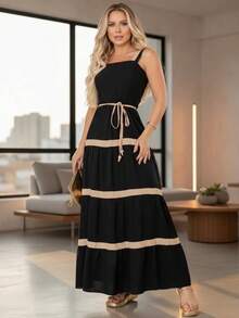Long Dress With Belt - màu đen - Xem 2