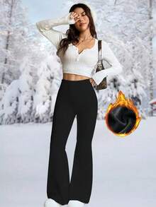 Plus Size Women's High Waist Solid Color Winter Warm Flared Pants Sports Yoga Pants Compression Tights Running Fitness Pants, Women's Leggings, Women's Clothing - Black - View 3