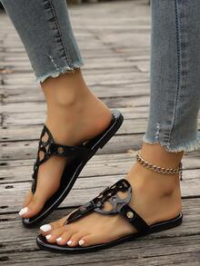 Women's Fashionable, Casual, Minimalist, Elegant, Glossy Black Flat Sandals, Brown Flat Sandals,  Homewear, Comfortable, Walking, Outdoor, Plus Size, Beach, Summer, Slip-On, Round Cutout Pattern, Round Toe, Flat Flip Flop Sandals - 黑色 - 查看 4