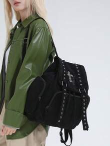 Dedoo Vintage Rivet Backpack, Faux Suede Retro Punk Style Travel Backpack, Gothic College Style Backpack For Women - Black - View 7