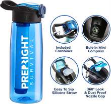 Survival 4-Stage Water Filter , - 22oz Camping Water With -In Compass, Travel And Emergency Preparedness , Teal - Teal - View 2