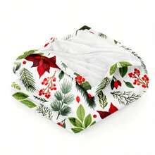 1pc Christmas Holly Berry Print Flannel Blanket - Soft Warm Quilted Throw For Home Decor, Camping, Travel & Office - Festive Holiday Gift With Red Green White Design, Cozy Decorative Throw, Durable Comfort, Plush Texture - Multicolor - View 4