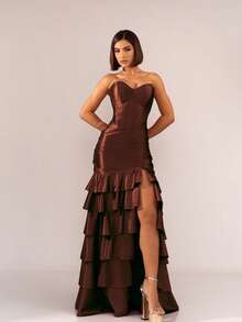 Simple Party Pleated Hem With Asymmetrical Ruffle Formal And Evening - Rust Brown - View 1