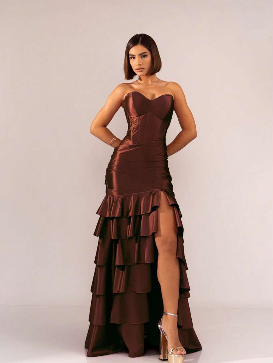 Simple Party Pleated Hem With Asymmetrical Ruffle Formal And Evening - Rust Brown - View 1
