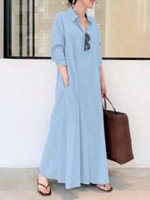 Women's Fashion Solid Color Long Sleeve Shirt Dress