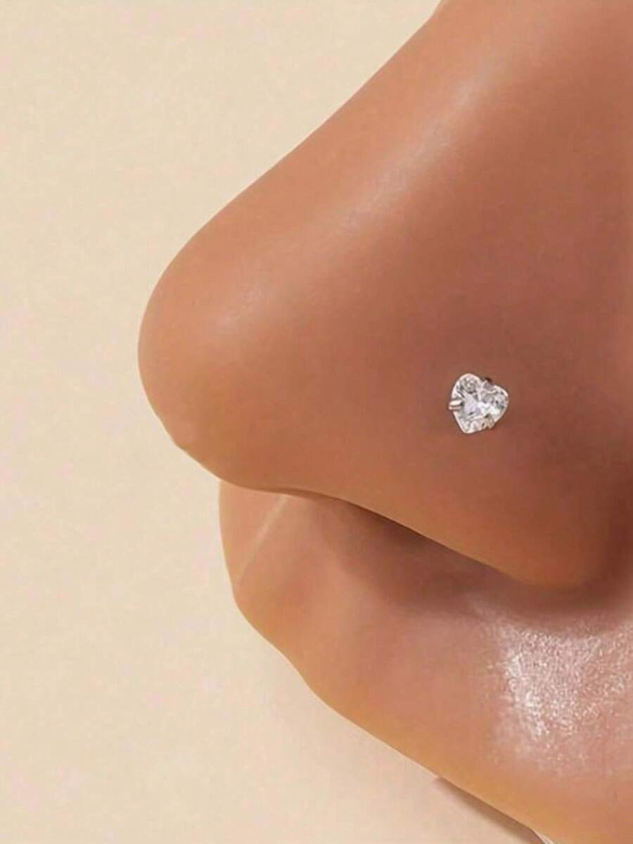 3pcs/6pcs/9pcs Stainless Steel Zirconia Heart/Round/Star Nose Studs, Unisex Silver L-Shaped Nose Piercing Jewelry, Suitable For Party, Date And Birthday Gift (Heart Position Random) - Silver - View 1