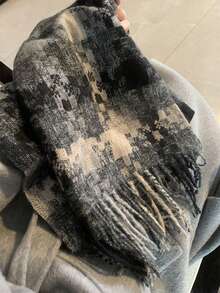 1 件装新款格子图案流苏围巾，男女皆宜的温暖冬季披肩 - 粉色 - 查看 1