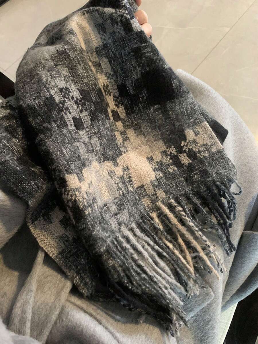 1 件装新款格子图案流苏围巾，男女皆宜的温暖冬季披肩 - 粉色 - 查看 1