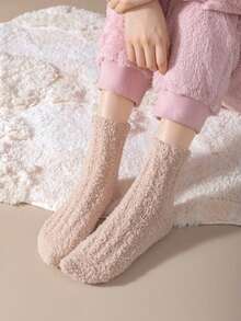 1/3Women Solid Cable Textured Fuzzy Socks, Soft Thick Coral Fleece Plush Warm Winter Home Socks, Cozy Sleeping Socks For Indoor Lounge Wear Random - Multicolor - View 3
