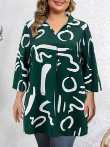 Chemise à imprimé abstrait col châle, manches 3/4, boutonnage devant, blouse tissée pour femmes en vacances au printemps, grande taille - Vert - Voir 9