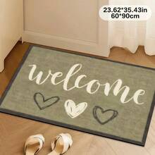 1pc Green Base "Welcome" Heart Shaped Welcome Mat, Doormat, Small Rug, Entrance Mat, Carpet, Outdoor Doormat, Kitchen Rug, Home Decor, Front Door Mat, Area Small Rug, Outdoor Mat, Home Decor, Area Rug, Garden Carpet, Washable Rug