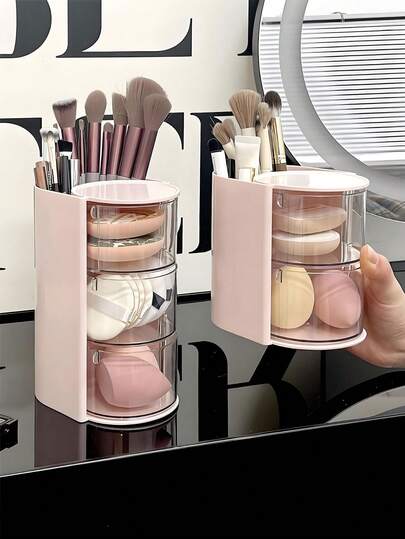 二合一化妆品收纳盒 - 半透明多层化妆品收纳盒，单侧可旋转。节省空间的浴室台面收纳盒，无需组装。适用于收纳气垫粉底、粉扑、化妆海绵、眉笔和化妆刷。是送给女性的完美生日/圣诞礼物。设计优雅，经久耐用。