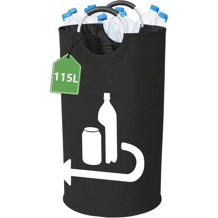 115-Liter-Sammelbehälter für recycelbare Flaschen, großer zusammenklappbarer Flaschensammelbehälter, Lagerbehälter für gebrauchte Glasflaschen, leere Flaschen und recycelbare Flaschen, ausgestattet mit Aluminium-Softgriff-Griffen - Schwarz - Übersicht 1