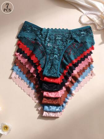 7条装女士性感蕾丝拼接比基尼内裤低腰无缝三角裤镂空舒适透气内衣