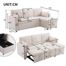Sofa Bed With Sleeping Function, L-Shaped Sofa, Modern Design, Upholstered Furniture, Sofa, Lounge Chair With Storage Space, With Cup Holder, Living Room Sofa Bed, Left And Right Interchangeable - Beige - View 3