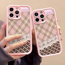 Pretty Pink Brown Plaid Lace Hearts Pattern Cute Pink Girly  Case [X/Xs/11/12/13/14/15/16 Pro/16 Promax] - Soft TPU Shockproof Cover,  Gift For Girlfriend/BFF, Birthday Present For Women, Aesthetic Protective Phone CaseSuitable For IPhone 17 Air - 粉色 - 查看 5