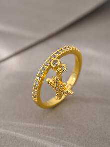 1 pieza Anillo con micro-incrustaciones de circonita, adecuado para uso diario, citas, vacaciones y bodas de mujeres - Dorado - Ver 4