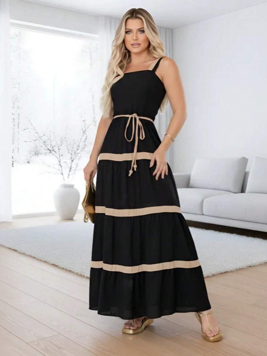 Long Dress With Belt - màu đen - Xem 1