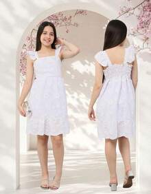 Vestido Curto Juvenil Regata Manga Babado Laise Cintura Solta Casual Conforto e Estilo Amarrar - Branco - Visão 4