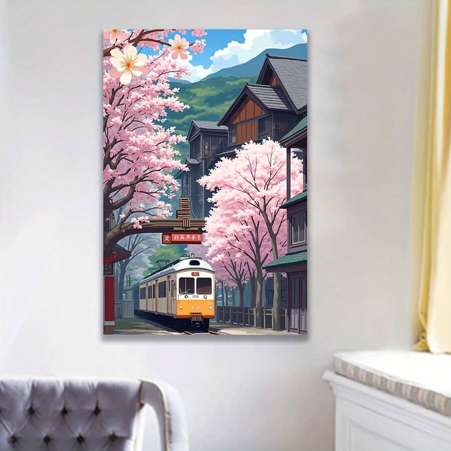 1pc Frameless Canvas Art Print - Cherry Blossom Train Scene With Japanese-Inspired Houses & Blooming Sakura Trees, Modern Wall Decor For Living Room, Bedroom, Or Office, Perfect Holiday Or - 彩色 - 查看 1