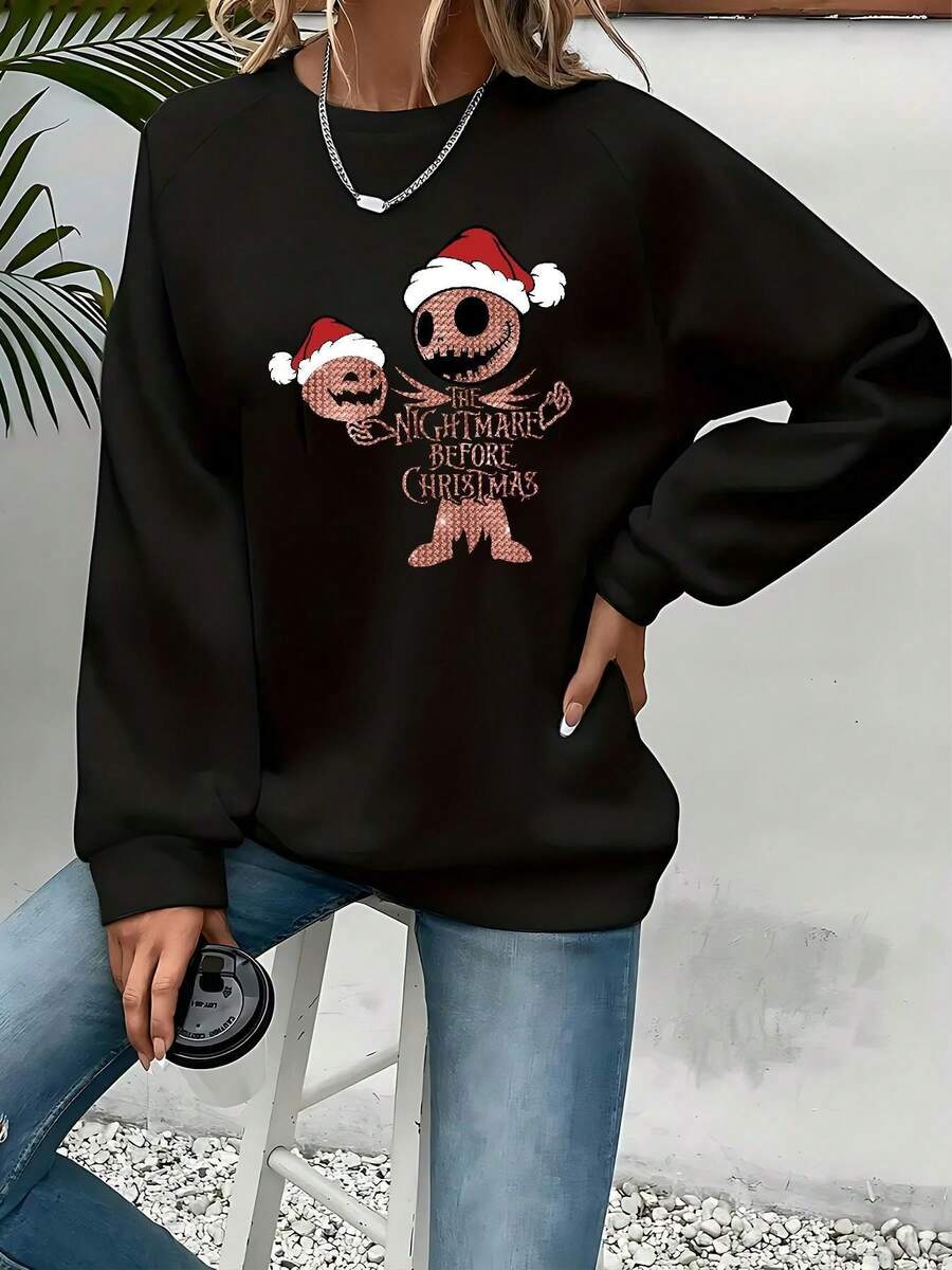 Nightmare Before Christmas Women's Sweatshirt -  & Sally Graphic Crewneck Pullover, Cozy Fall Winter Casual Sweater For Halloween & Christmas, Machine Washable Holiday Apparel - 黑色 - 查看 1