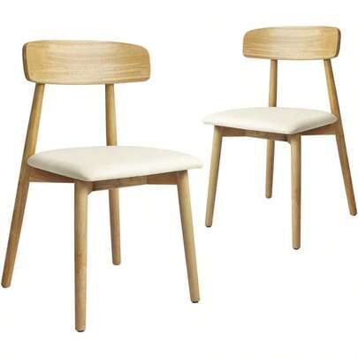 Stylish Retro Dining Chair: Set Of 2 Dining Chairs With Curved Backrest Crafted From Rubberwood Frame And Upholstered In PU Leather Seat Natural Color