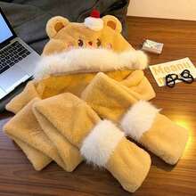 Conjunto de 4 en 1 de guantes, bufanda, gorro y máscara de oso para invierno, esencial para salidas en clima frío, bufanda con capucha con orejas de oso adorable para mujeres